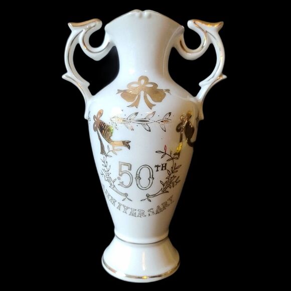 50th Golden Anniversary Two Handle Lefton China Vintage 8.5" Vase #2282 - Picture 1 of 9